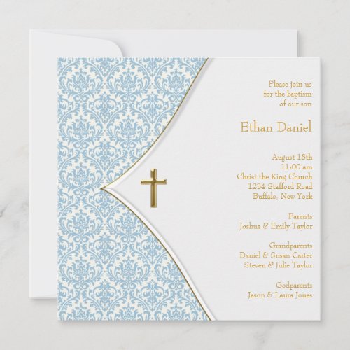 Blue Damask Cross Boy Baptism Christening Personalized Announcements