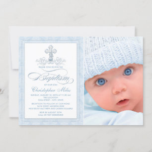 Blue Damask Cross Boy Photo Baptism Invitations