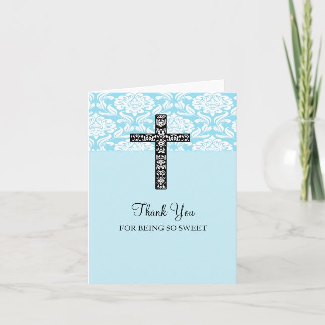 Blue Damask Cross Boys Thank You (Front)