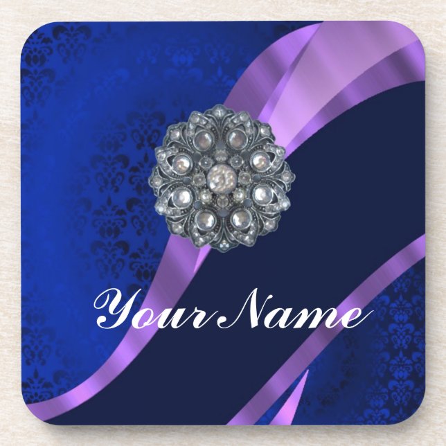 Blue damask & crystal beverage coaster (Front)