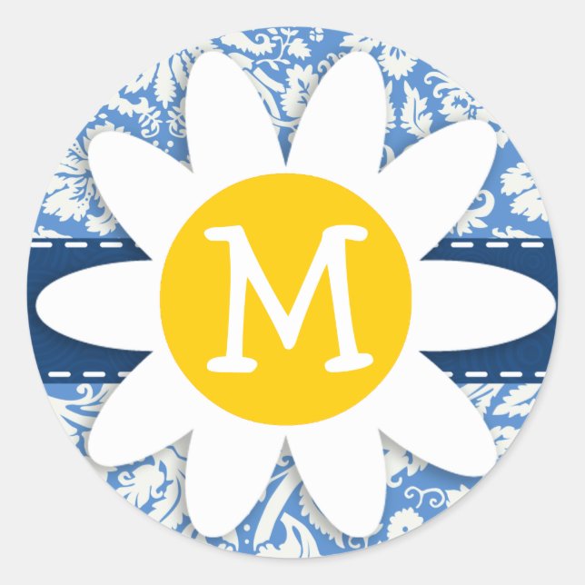 Blue Damask; Daisy Classic Round Sticker (Front)