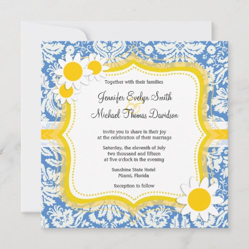 Blue Damask; Daisy Custom Invitation