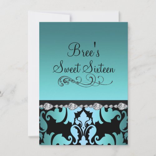 Blue Damask &amp; Diamond Image Sweet 16 Invite