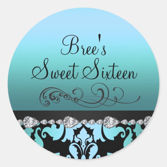 Blue Damask & Diamond Sweet 16 Sticker (Front)