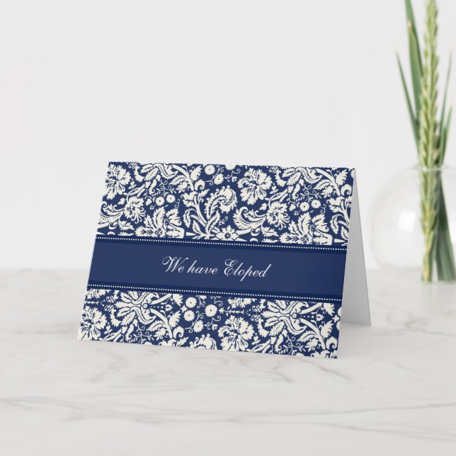 Blue Damask Elopement Announcement Card (Front)