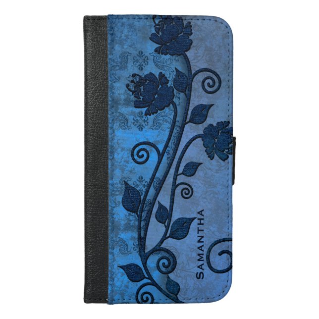 Blue Damask Floral iPhone 6 Plus Wallet Case (Front)