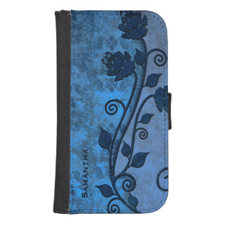 Blue Damask Floral Samsung S4 Wallet Case