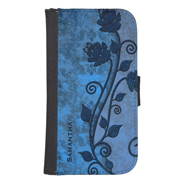 Blue Damask Floral Samsung S4 Wallet Case (Front)