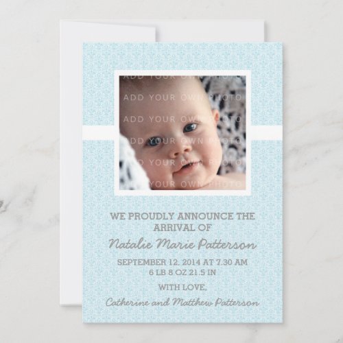 Blue Damask Frame Photo Baby Announcement