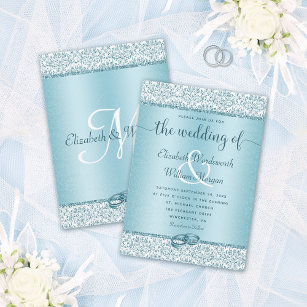Blue Damask Glitter Monogram Elegant Wedding Invitation