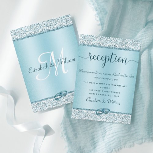 Blue Damask Glitter Wedding Reception Enclosure Card