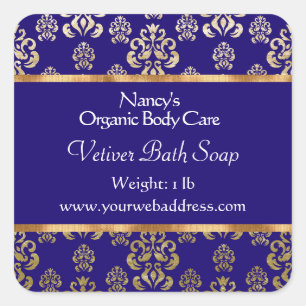 Blue damask & gold foil soap & cosmetics label - 2