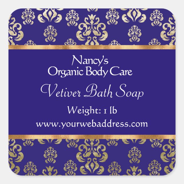 Blue damask & gold foil soap & cosmetics label - 2 (Front)
