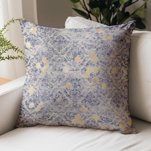 Blue Damask Gold Honeycomb Vintage Shabby Chic Throw Pillow