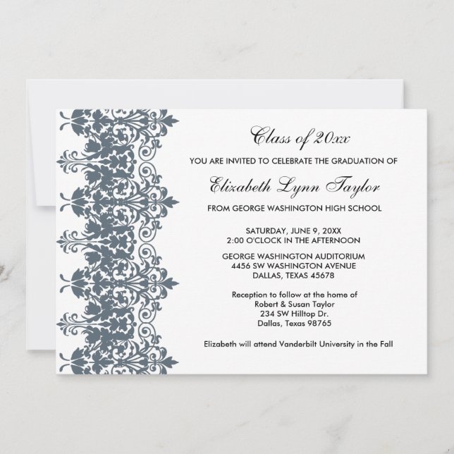 Blue Damask Graduation Announcement (Front)