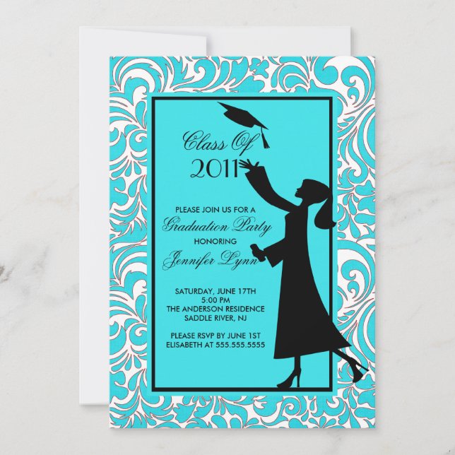 Blue Damask Graduation Invitation Silhouette Grad (Front)