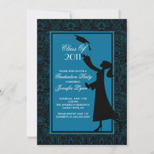Blue Damask Graduation Invitation Silhouette Grad