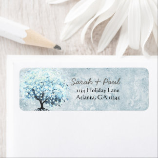 Blue Damask Heart Leaf Tree Wedding Return Labels
