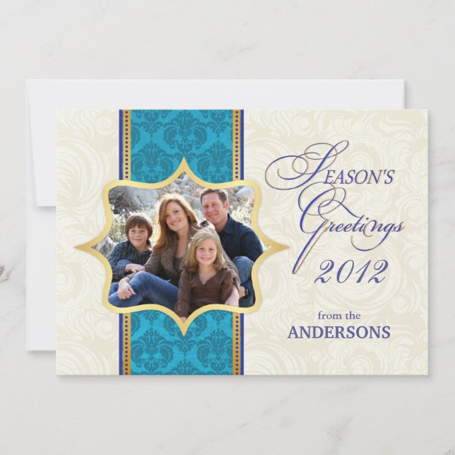 Blue Damask Holiday Photo Flat Card (Front)