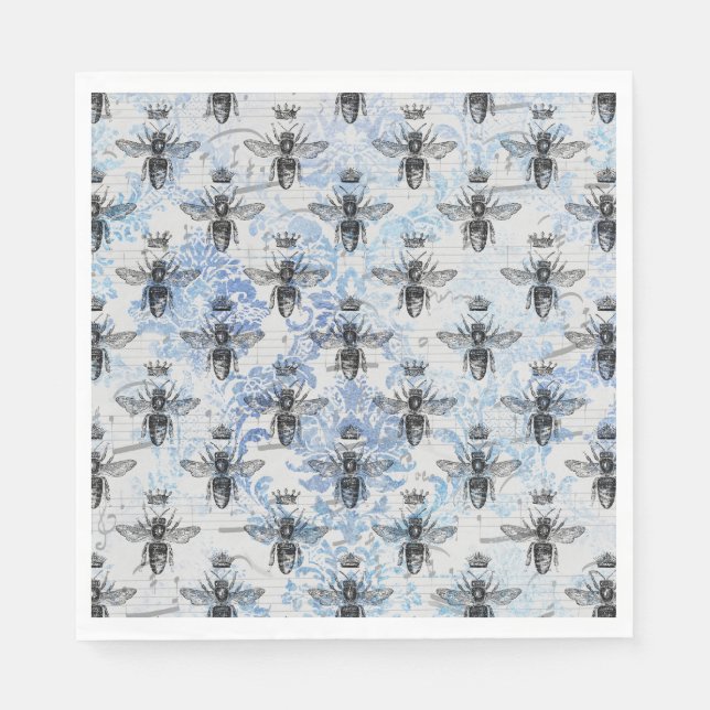 Blue Damask Honeybee Napkins (Front)