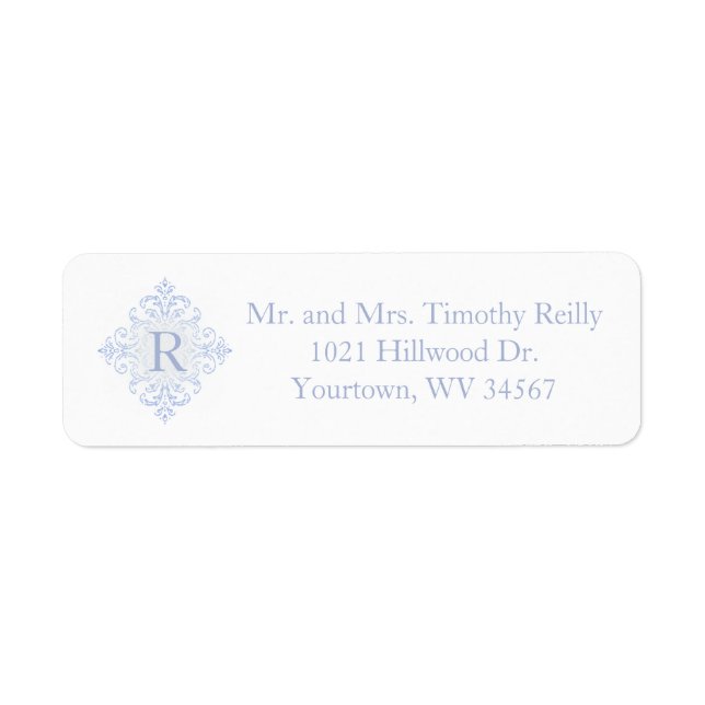 Blue Damask Initial Family Monogram Label (Front)