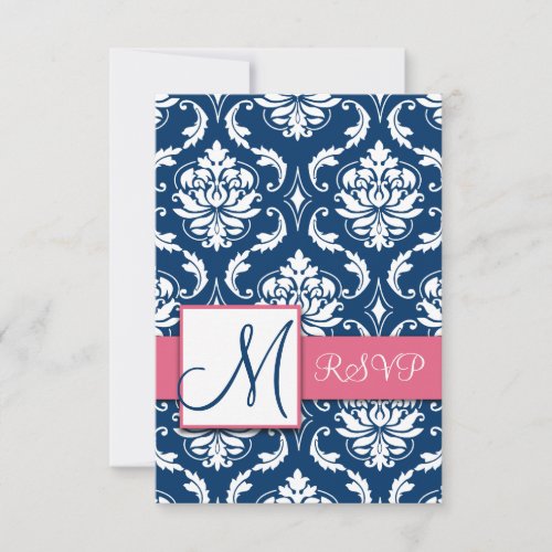 Blue Damask Initial RSVP Cards for Square Invites