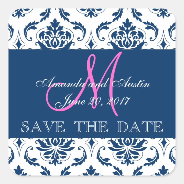 Blue Damask Initial Save the Date Sticker (Front)