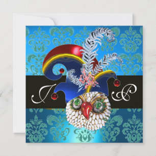 BLUE DAMASK ,JEWEL OWL ,ELF HAT,DIAMOND  FEATHERS INVITATION