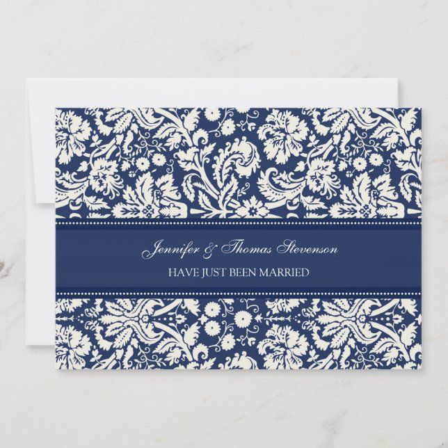 Blue Damask Just Married Announcement Cards (Front)