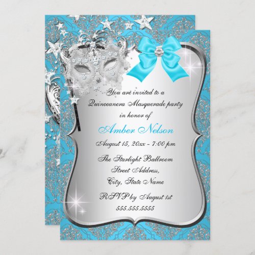 Blue Damask Mask Quinceanera Masquerade Invite