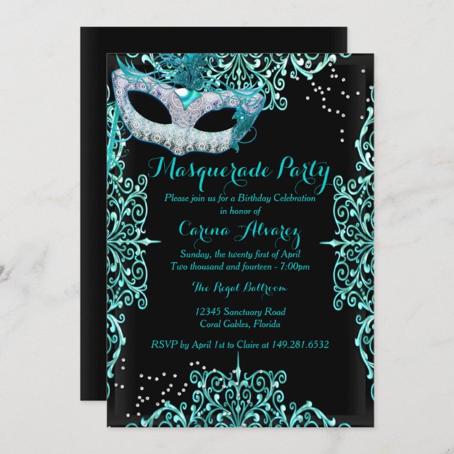 Blue Damask Masquerade Birthday Invitation (Front/Back)