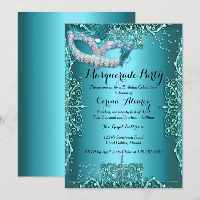 Blue Damask Masquerade party Birthday Invitation (Front/Back)