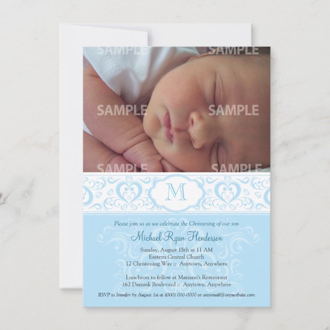 Blue Damask Monogram Baptism/Christening Invitation (Front)