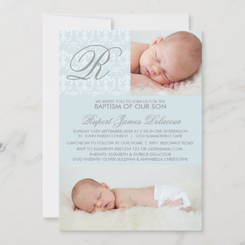 Blue Damask Monogram Baptism Photo Invitation