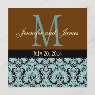 Blue Damask Monogram Brown Wedding Invitation