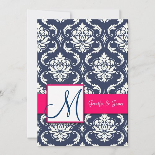 Blue Damask Monogram Invitations Pink 5 x 7