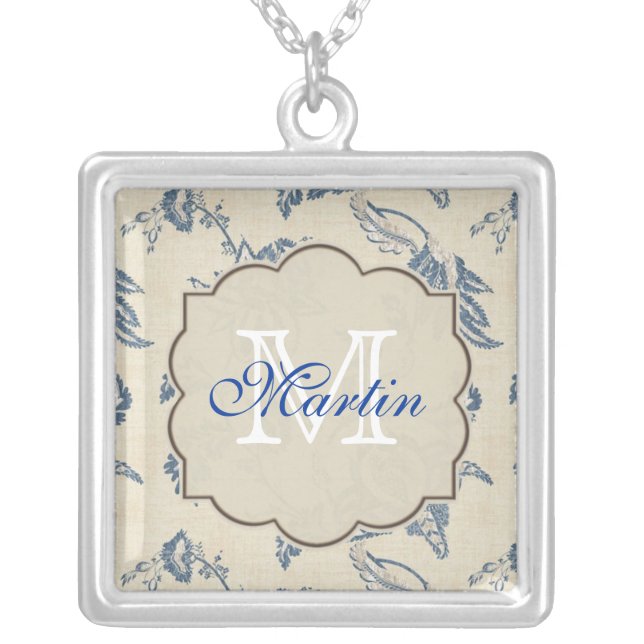 Blue Damask Monogram Necklace (Front)