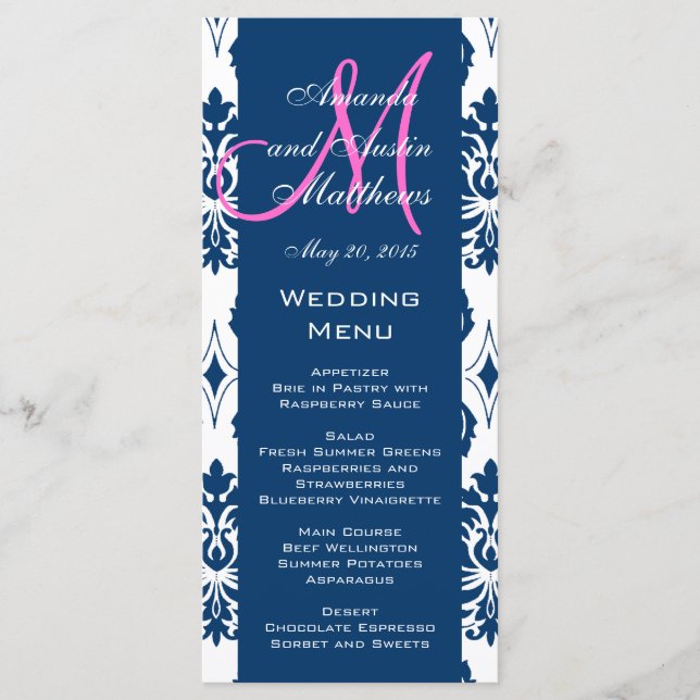 Blue Damask Monogram Wedding Menu Cards (Front)