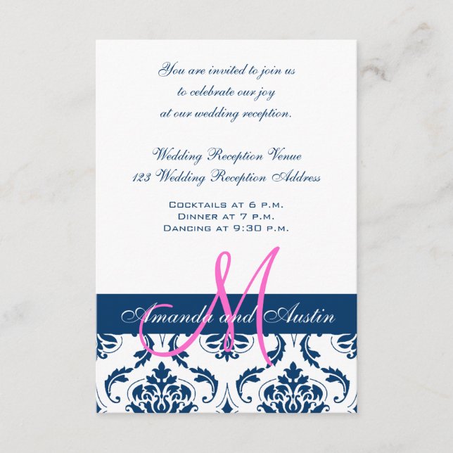Blue Damask Monogram Wedding Reception Enclosure Card (Front)