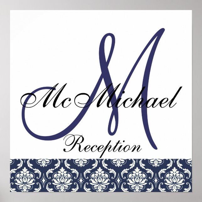 Blue Damask  Monogram Wedding Reception Sign (Front)