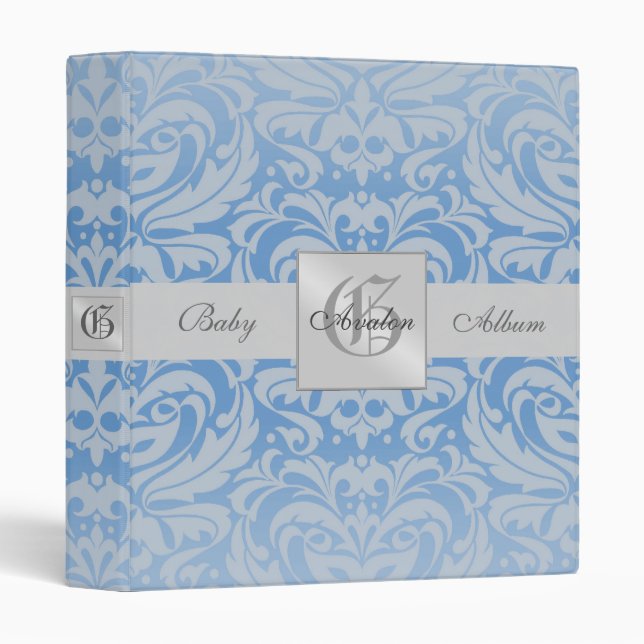Blue Damask Monogrammed Baby Album Binder (Front/Spine)