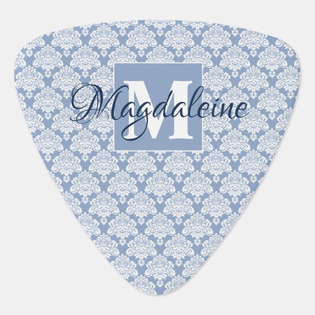 Blue Damask Monogrammed Guitar Pick (Front)