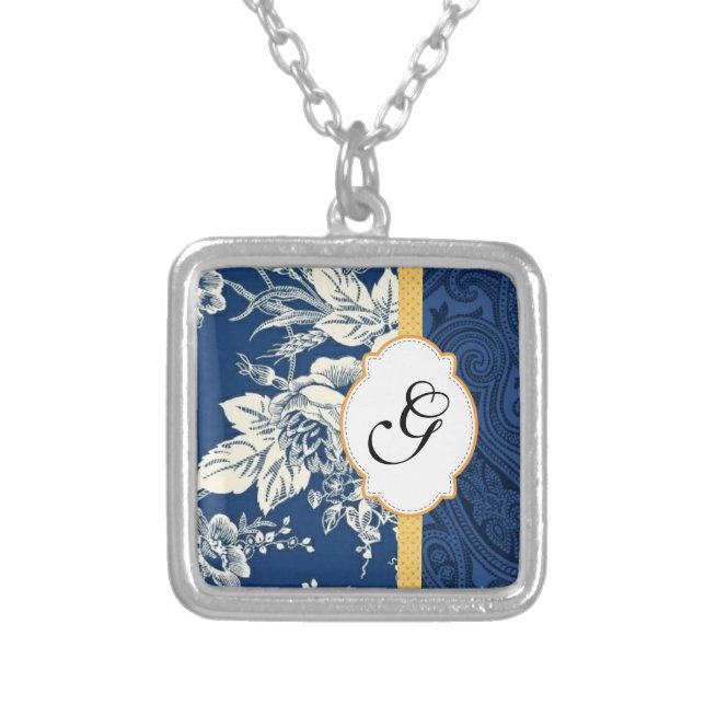 Blue Damask Monogrammed Necklace Template (Front)