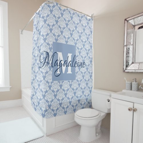 Blue Damask Monogrammed Shower Curtain w Name