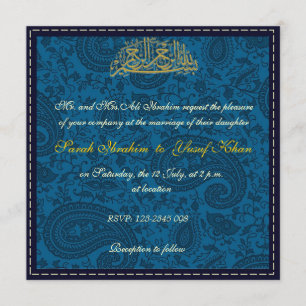 Blue Damask Muslim wedding Invitation
