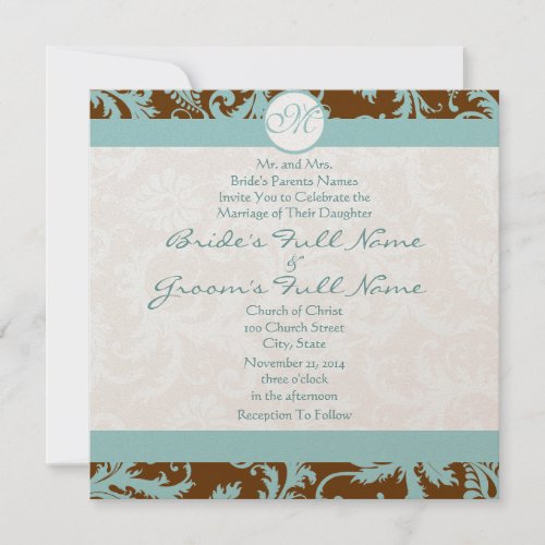 Blue Damask on Brown Wedding Invitation