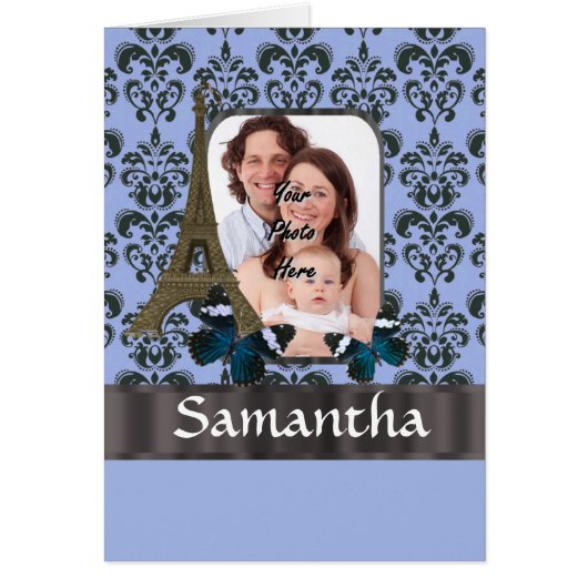 Blue damask Paris collage Cards (Front)