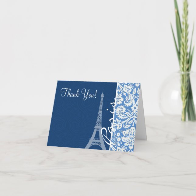 Blue Damask; Paris Thank You Card (Front)