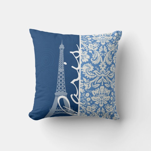 Blue Damask; Paris Throw Pillow (Front)