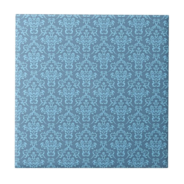 Blue Damask Pattern Ceramic Tile (Front)